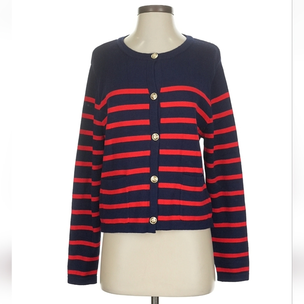LILLUSORY Striped Cardigan Sweater Navy Red Gold Buttons Size S